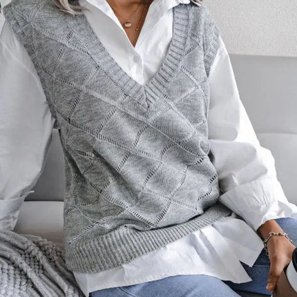 Suéter de chaleco de punto casual con cuello en V y diamantes huecos para mujer 