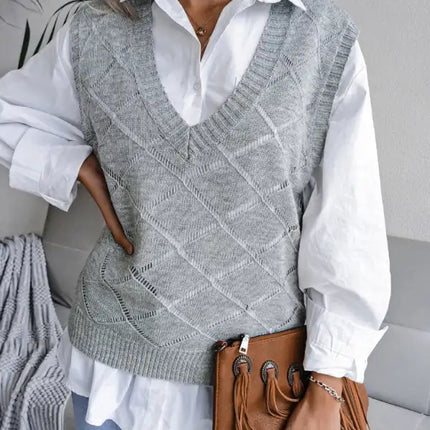 Suéter de chaleco de punto casual con cuello en V y diamantes huecos para mujer 
