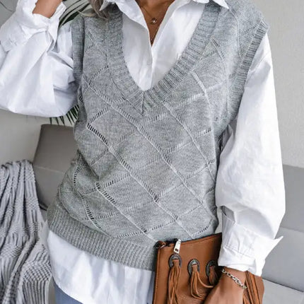 Suéter de chaleco de punto casual con cuello en V y diamantes huecos para mujer 