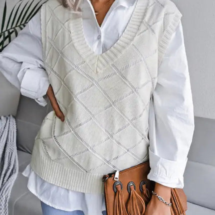 Suéter de chaleco de punto casual con cuello en V y diamantes huecos para mujer 
