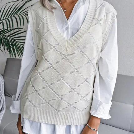 Suéter de chaleco de punto casual con cuello en V y diamantes huecos para mujer 