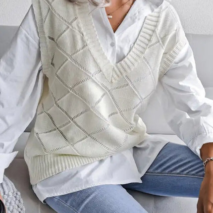 Suéter de chaleco de punto casual con cuello en V y diamantes huecos para mujer 