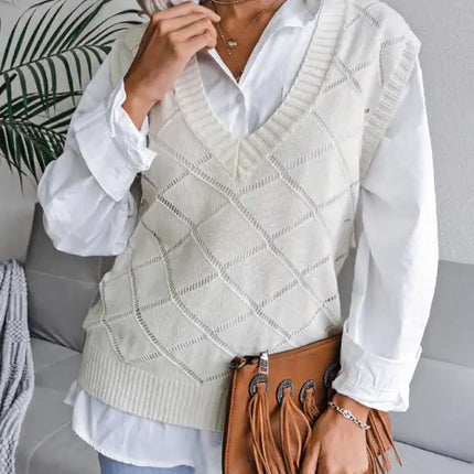 Suéter de chaleco de punto casual con cuello en V y diamantes huecos para mujer 