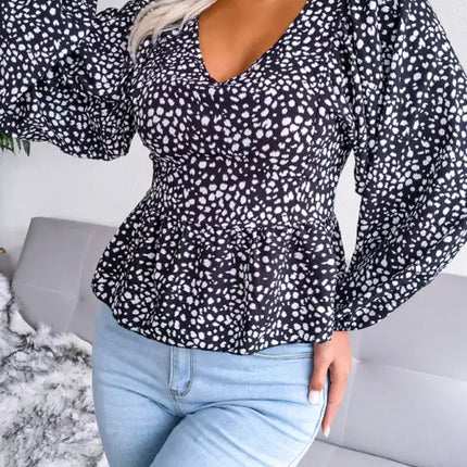 Women's Lantern long sleeve casual leopard Chiffon Shirt Top