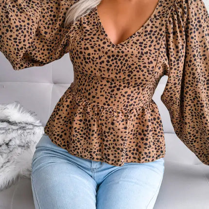 Women's Lantern long sleeve casual leopard Chiffon Shirt Top