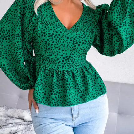 Women's Lantern long sleeve casual leopard Chiffon Shirt Top