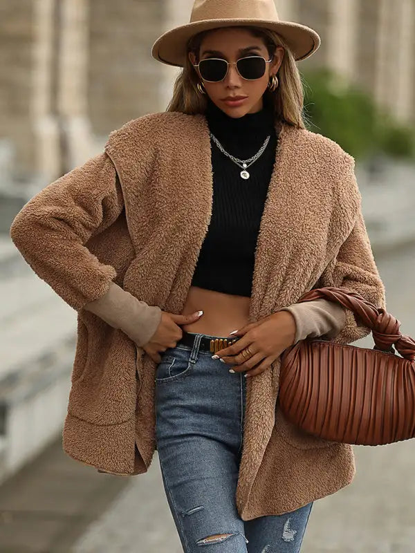 Abrigo de cachemira de doble cara de lana de cordero de imitación para mujer 