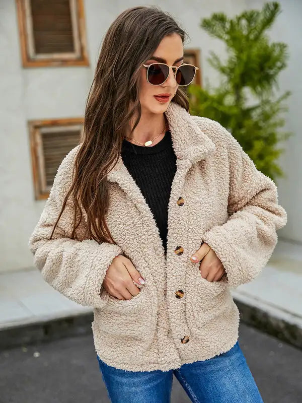 Abrigo de piel suelto de moda de manga larga con bolsillo de un solo pecho con solapa nueva de otoño para mujer 