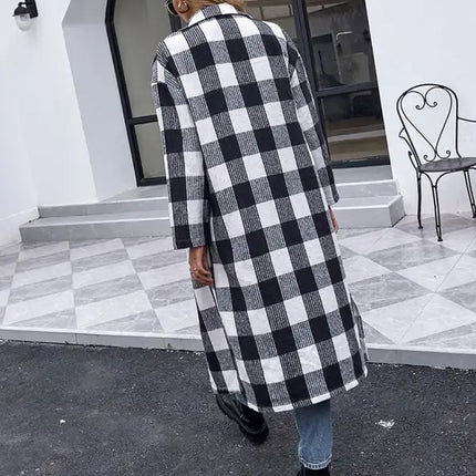 Gabardina a cuadros blanca y negra con solapa nueva de otoño para mujer abrigo ajustado de manga larga 