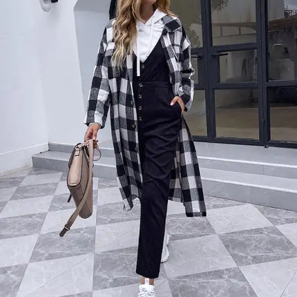 Gabardina a cuadros blanca y negra con solapa nueva de otoño para mujer abrigo ajustado de manga larga 