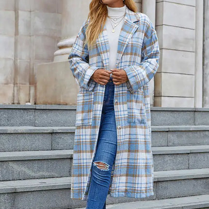 Gabardina cárdigan con bolsillo de manga larga a cuadros azul y blanco nuevo de otoño para mujer 