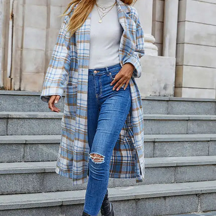 Gabardina cárdigan con bolsillo de manga larga a cuadros azul y blanco nuevo de otoño para mujer 