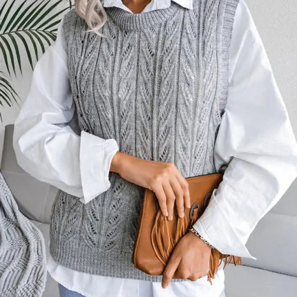 Women's round neck hollow leaf casual knitted vest sweater