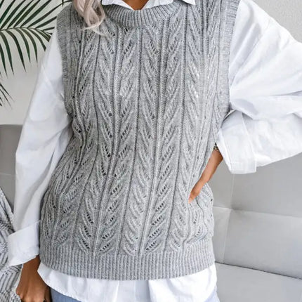 Women's round neck hollow leaf casual knitted vest sweater