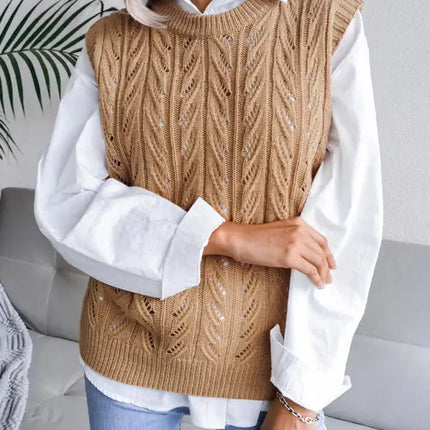 Women's round neck hollow leaf casual knitted vest sweater