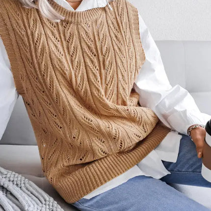 Women's round neck hollow leaf casual knitted vest sweater