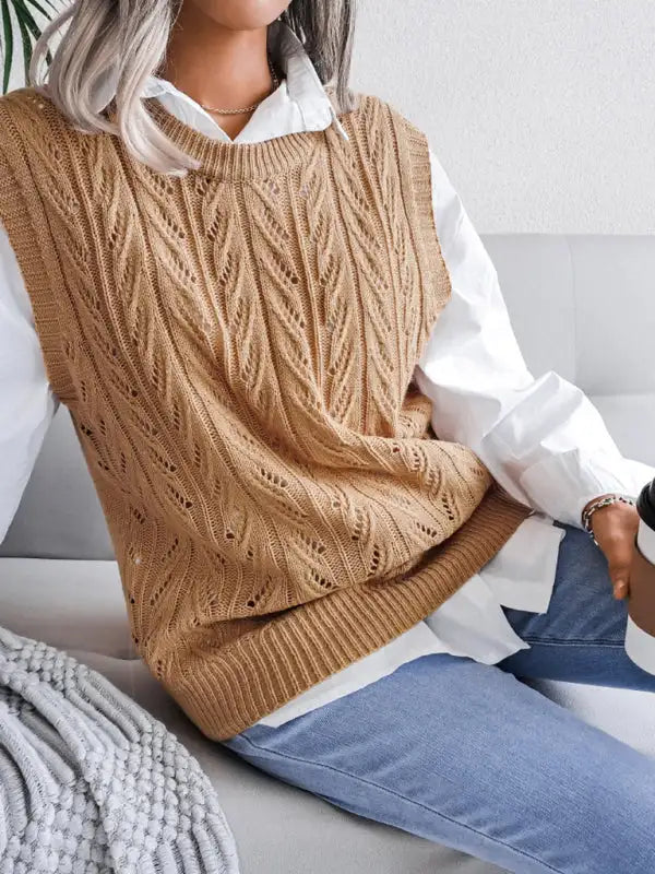 Suéter de punto casual con cuello redondo y hojas huecas para mujer 