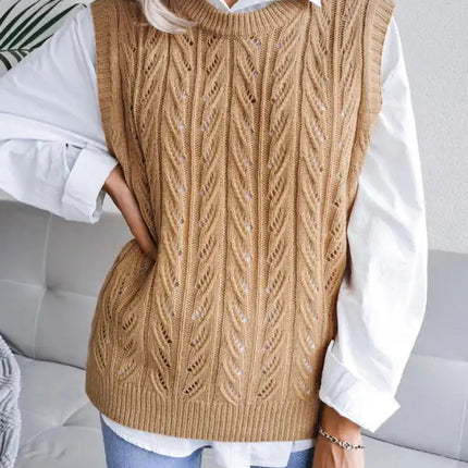 Women's round neck hollow leaf casual knitted vest sweater