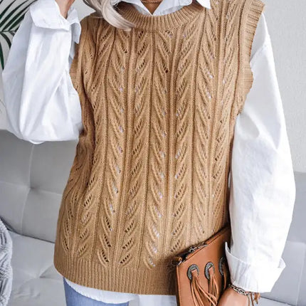 Women's round neck hollow leaf casual knitted vest sweater