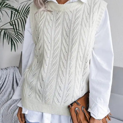 Women's round neck hollow leaf casual knitted vest sweater