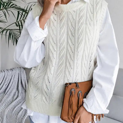 Women's round neck hollow leaf casual knitted vest sweater