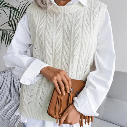 Women's round neck hollow leaf casual knitted vest sweater