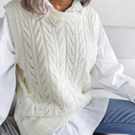 Women's round neck hollow leaf casual knitted vest sweater