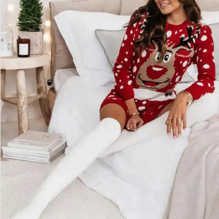 Women's Christmas Elk Jacquard Sweater Long Sleeve Dress