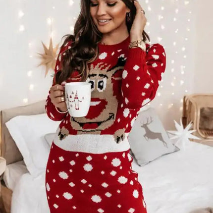 Women's Christmas Elk Jacquard Sweater Long Sleeve Dress
