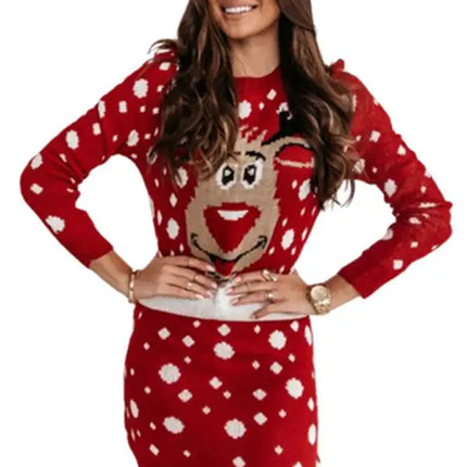 Women's Christmas Elk Jacquard Sweater Long Sleeve Dress