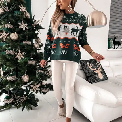 Women's Christmas Jacquard Loose Crew Neck Long Sleeve Sweater