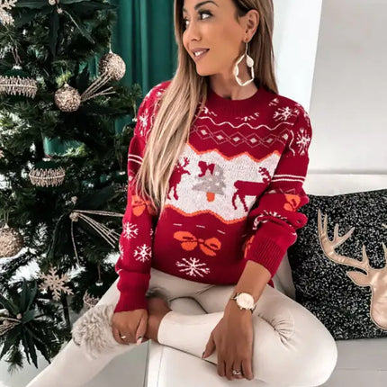 Women's Christmas Jacquard Loose Crew Neck Long Sleeve Sweater