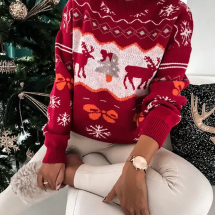 Women's Christmas Jacquard Loose Crew Neck Long Sleeve Sweater