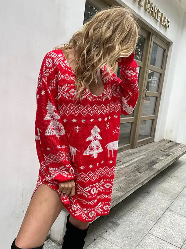 Vestido de alce navideño irregular con cuello en V y abertura sexy para mujer 