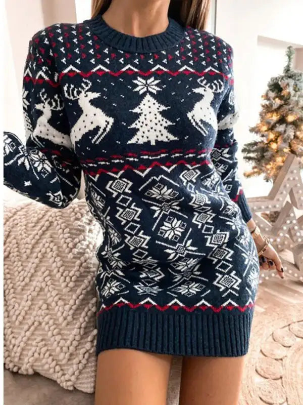 Vestido de manga larga de jacquard navideño sexy y ajustado para mujer 