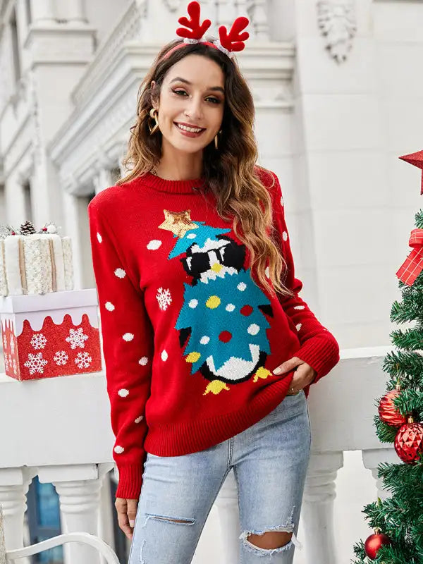 Jersey de manga larga de punto navideño para mujer 