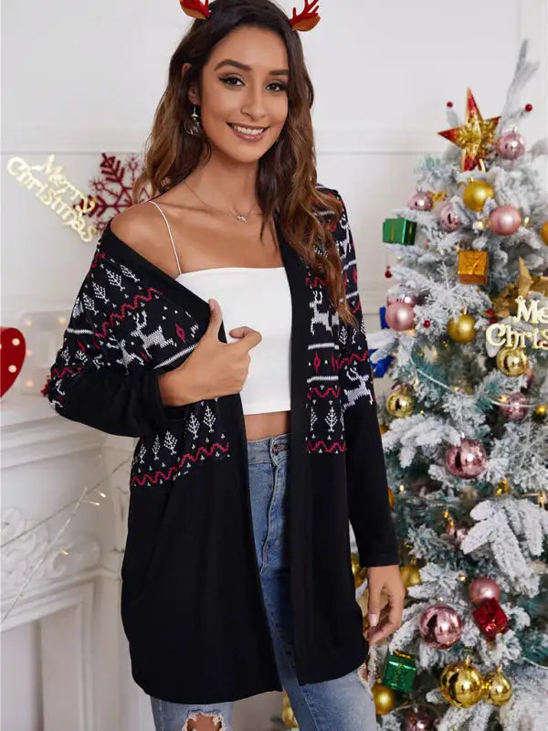 Cárdigan casual con estampado navideño y bloques de color suelto para mujer 