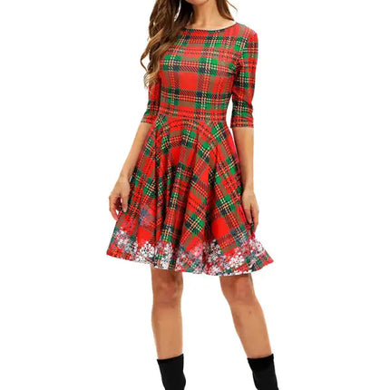 Women's Neck Waist Printed Mid Sleeve Christmas Dress