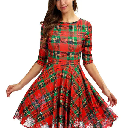 Women's Neck Waist Printed Mid Sleeve Christmas Dress