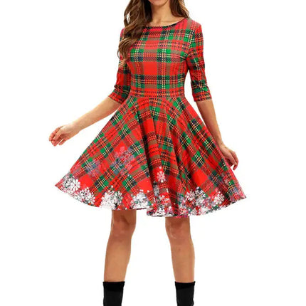 Women's Neck Waist Printed Mid Sleeve Christmas Dress