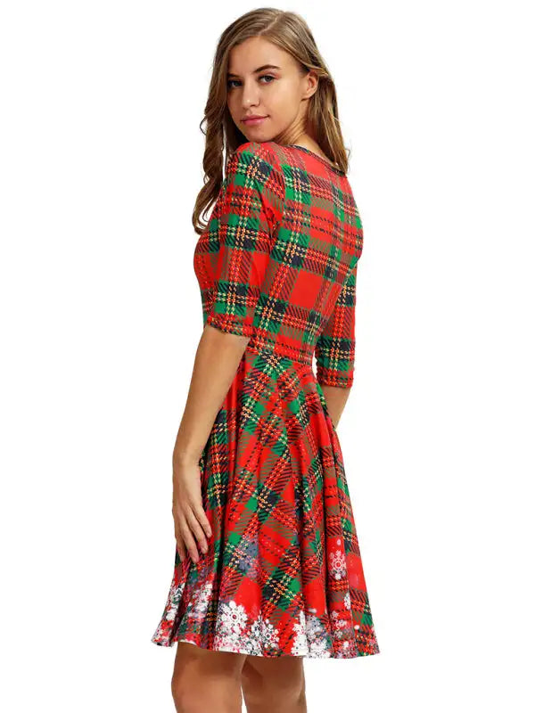 Women's Neck Waist Printed Mid Sleeve Christmas Dress