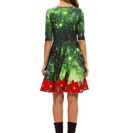 Women's Neck Waist Printed Mid Sleeve Christmas Dress