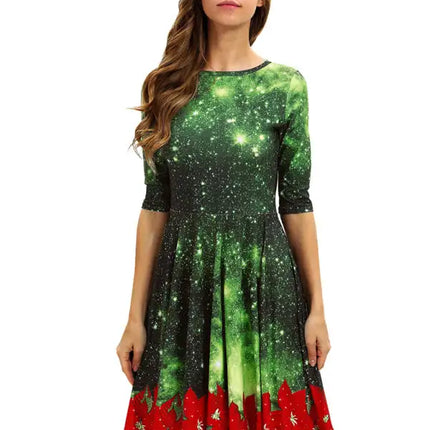 Women's Neck Waist Printed Mid Sleeve Christmas Dress
