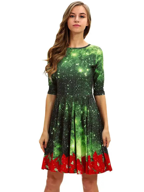 Women's Neck Waist Printed Mid Sleeve Christmas Dress