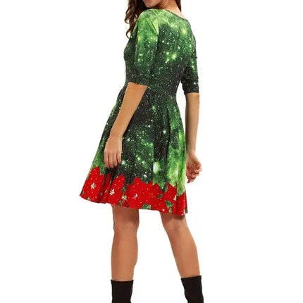 Women's Neck Waist Printed Mid Sleeve Christmas Dress