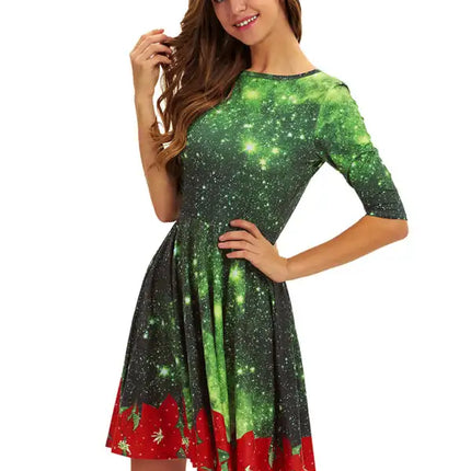 Women's Neck Waist Printed Mid Sleeve Christmas Dress