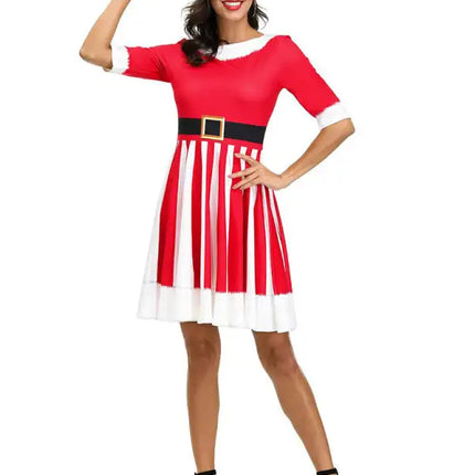 Women's Neck Waist Printed Mid Sleeve Christmas Dress