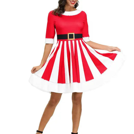 Women's Neck Waist Printed Mid Sleeve Christmas Dress