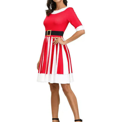 Women's Neck Waist Printed Mid Sleeve Christmas Dress