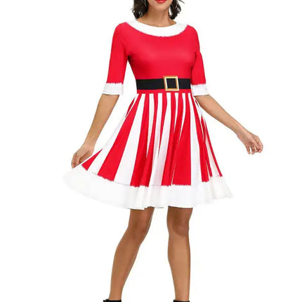 Women's Neck Waist Printed Mid Sleeve Christmas Dress